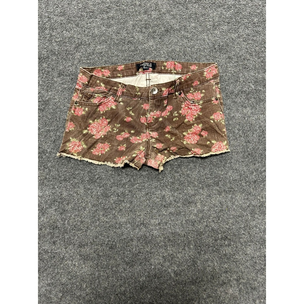 Forever 21 Shorts Womens Size 27 Brown Floral Denim Raw Hem Low Rise Casual